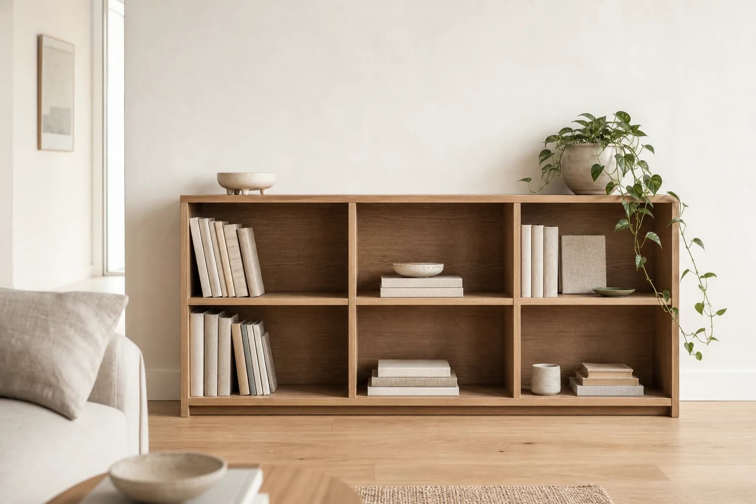 Oak bookcase styled in a calm, minimal interior